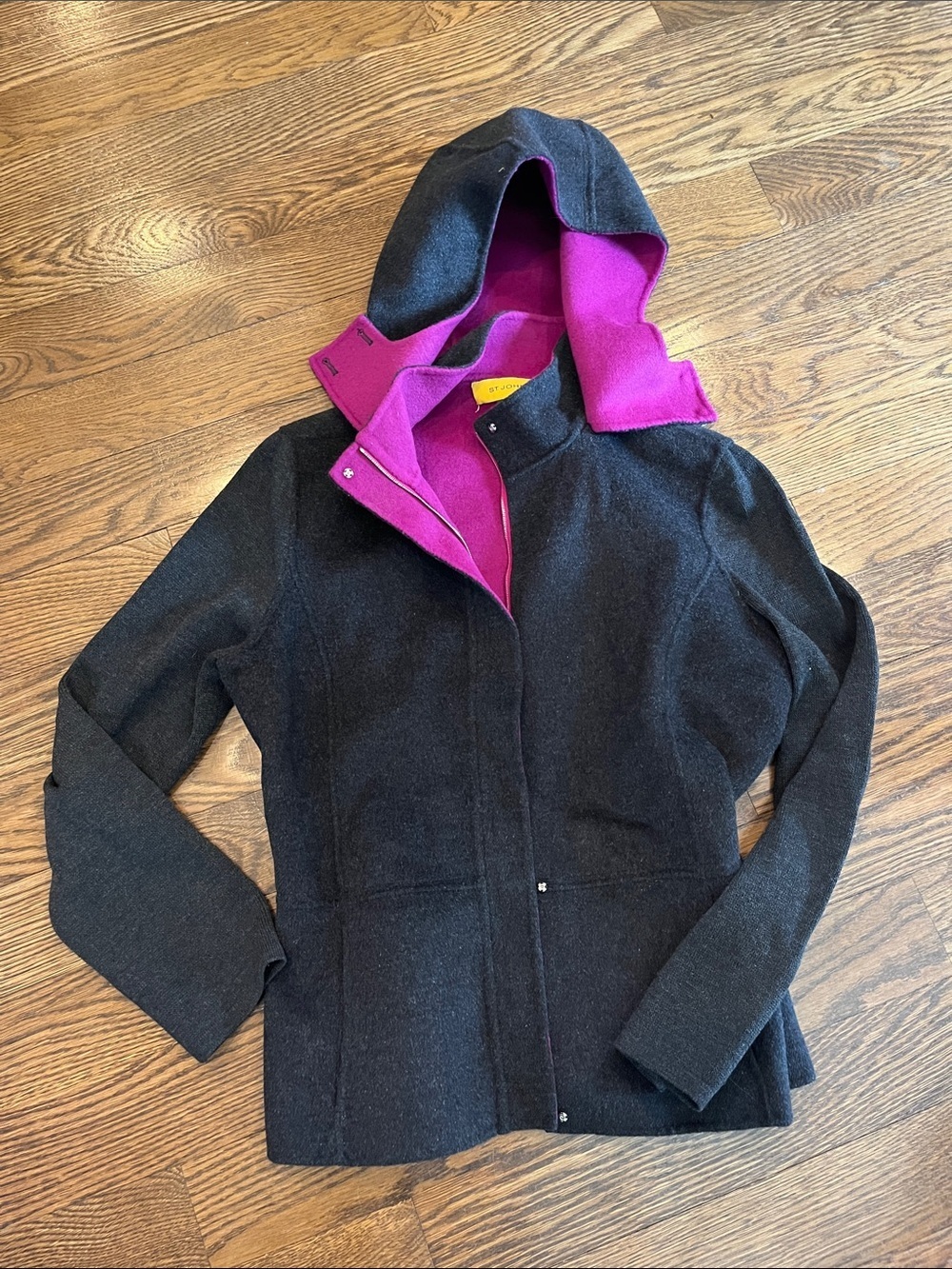 St. John Black Hooded Pea Coat with Magenta Lining 8